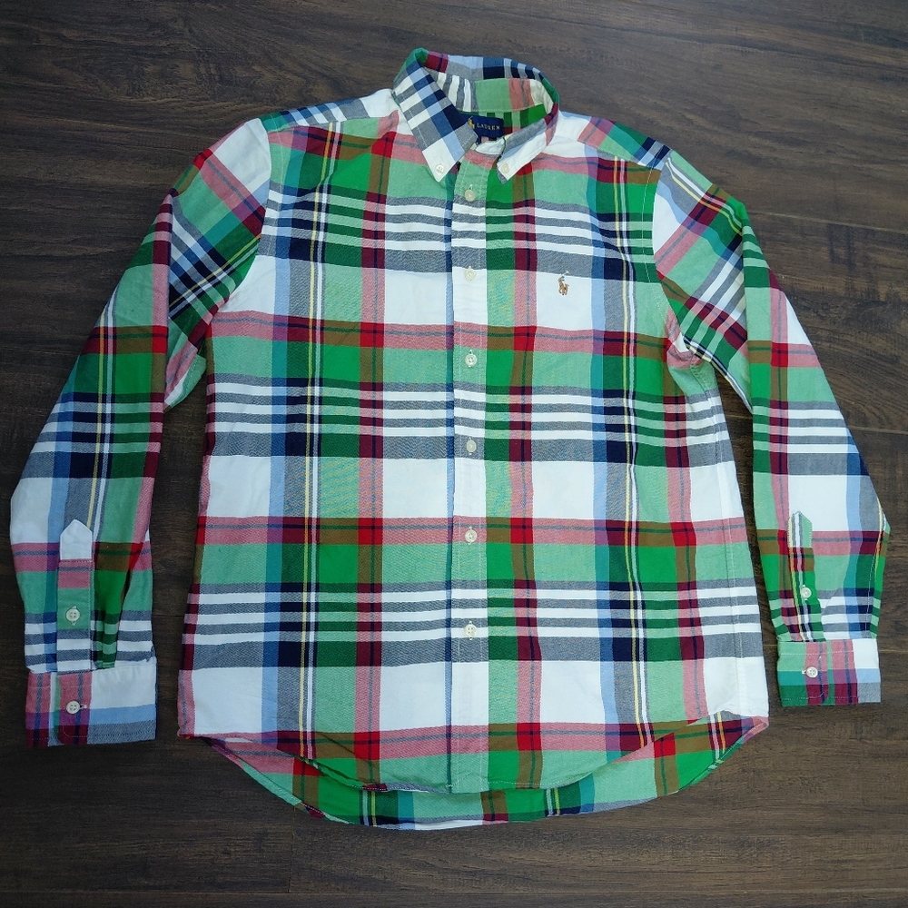 Ralph Lauren Button Up Oxford Shirt - Plaid - Horse Logo - Youth Size L 14 - 16